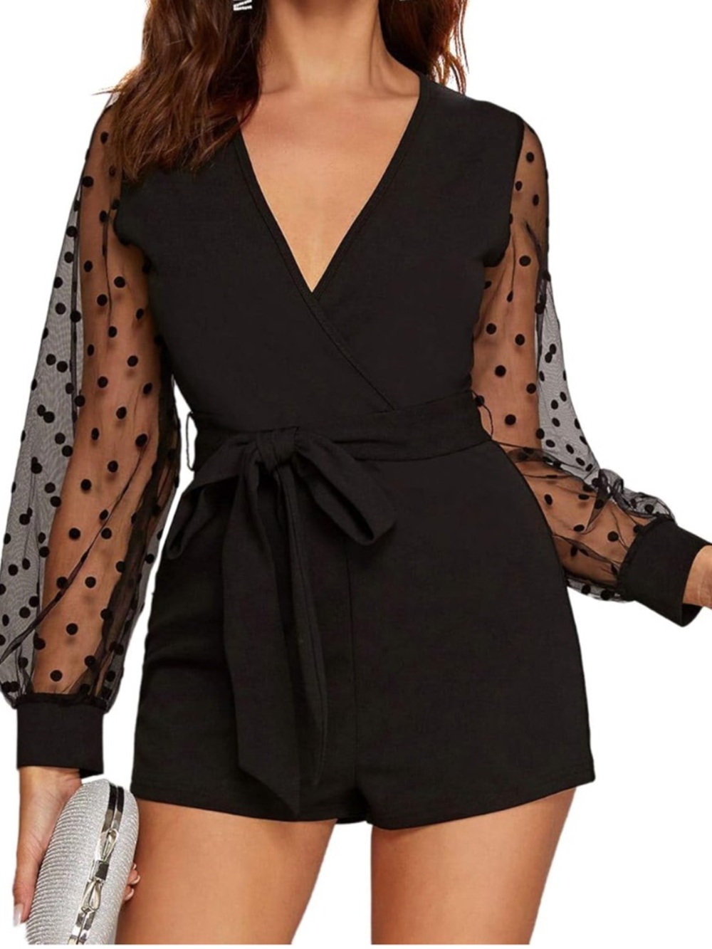 Sheer Polka Dot Sleeve Black Wrap Romper